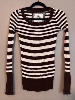 VTG Y2K Mudd Brown & White Striped Long Sleeve Sweater Sz Sm Bella Swan Fairy
